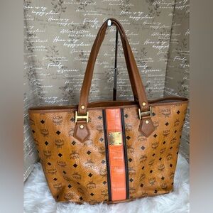 MCM Brown and Orange Structured Tote Bag with Logo Pattern